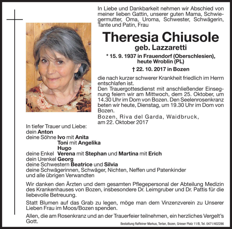  Traueranzeige für Theresia Chiusole vom 24.10.2017 aus Dolomiten