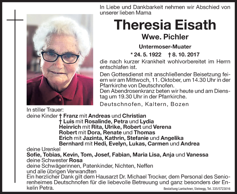  Traueranzeige für Theresia Pichler vom 09.10.2017 aus Dolomiten