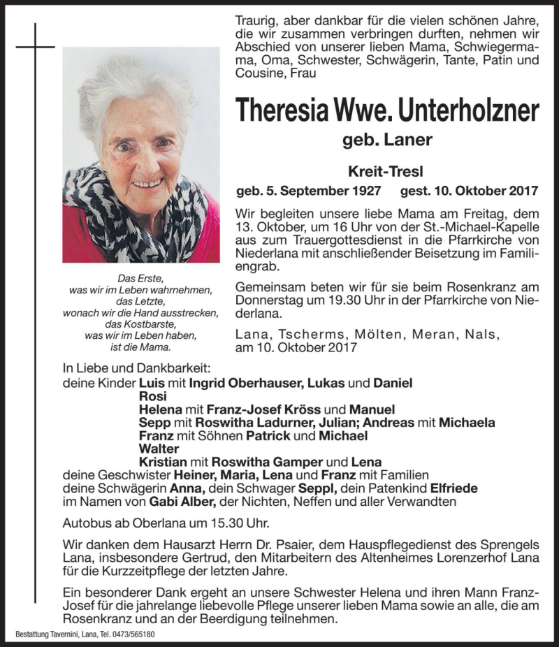  Traueranzeige für Theresia Unterholzner vom 12.10.2017 aus Dolomiten