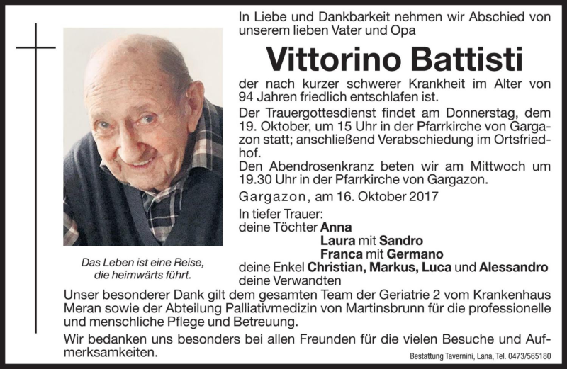  Traueranzeige für Vittorino Battisti vom 18.10.2017 aus Dolomiten