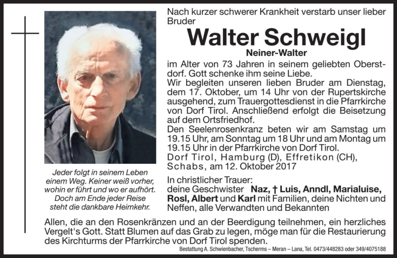  Traueranzeige für Walter Schweigl vom 14.10.2017 aus Dolomiten