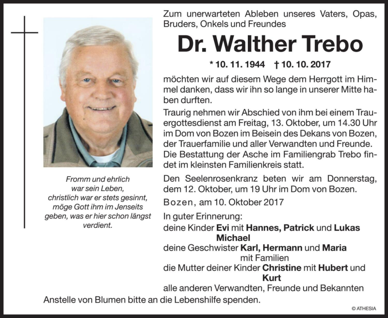  Traueranzeige für Walther Trebo vom 12.10.2017 aus Dolomiten