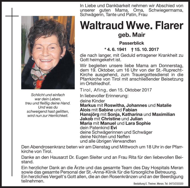  Traueranzeige für Waltraud Flarer vom 17.10.2017 aus Dolomiten