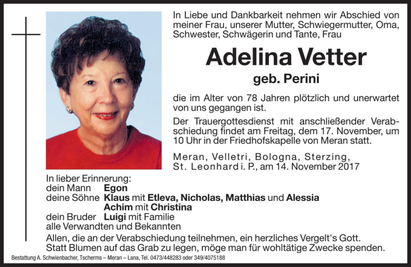  Traueranzeige für Adelina Vetter vom 16.11.2017 aus Dolomiten