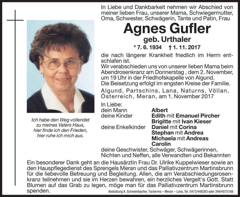  Traueranzeige für Agnes Gufler vom 02.11.2017 aus Dolomiten