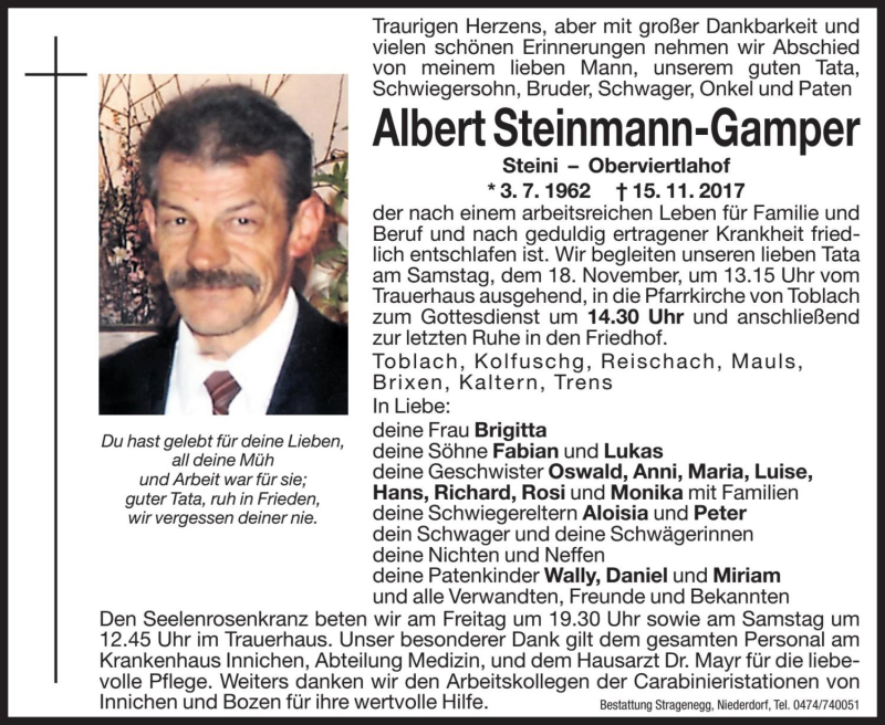  Traueranzeige für Albert Steinmann-Gamper vom 17.11.2017 aus Dolomiten
