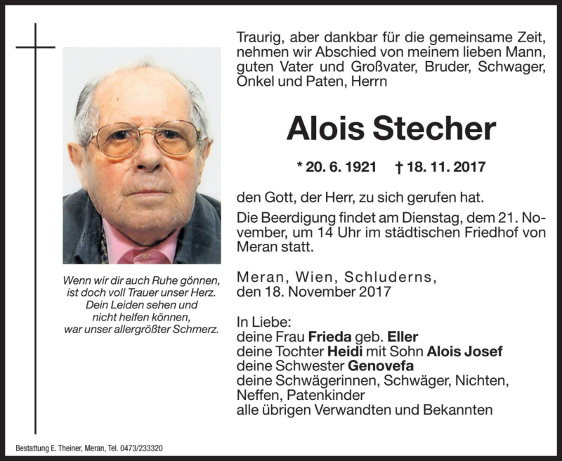  Traueranzeige für Alois Stecher vom 20.11.2017 aus Dolomiten