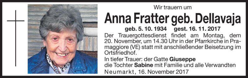  Traueranzeige für Anna Fratter vom 18.11.2017 aus Dolomiten