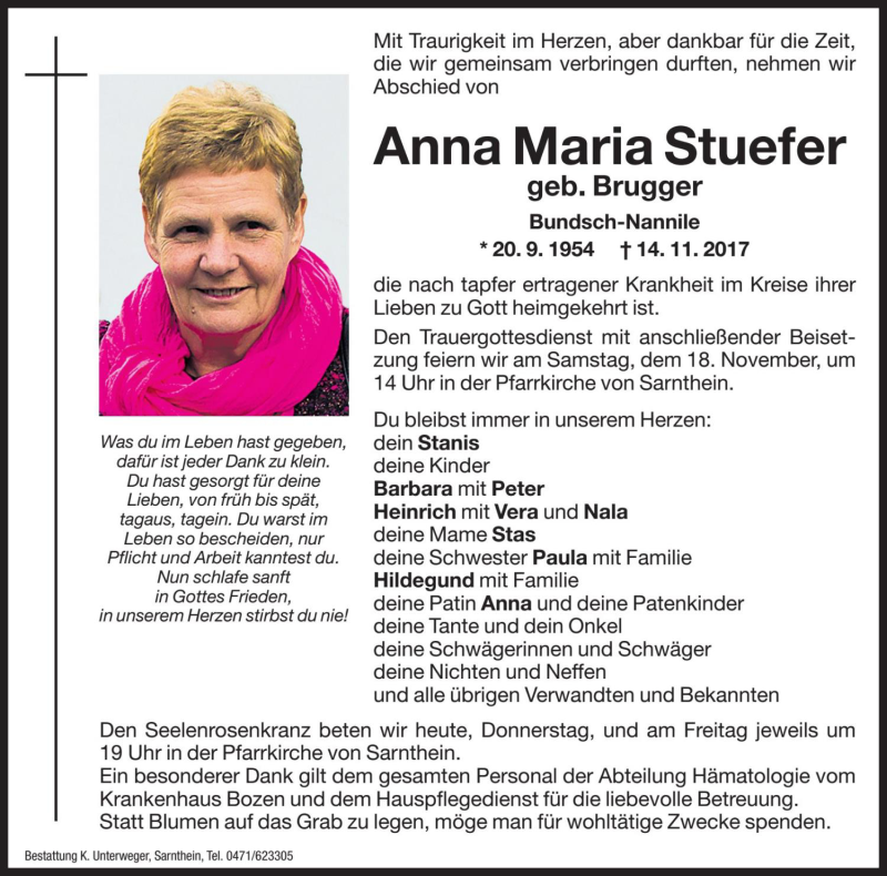  Traueranzeige für Anna Maria Stuefer vom 16.11.2017 aus Dolomiten