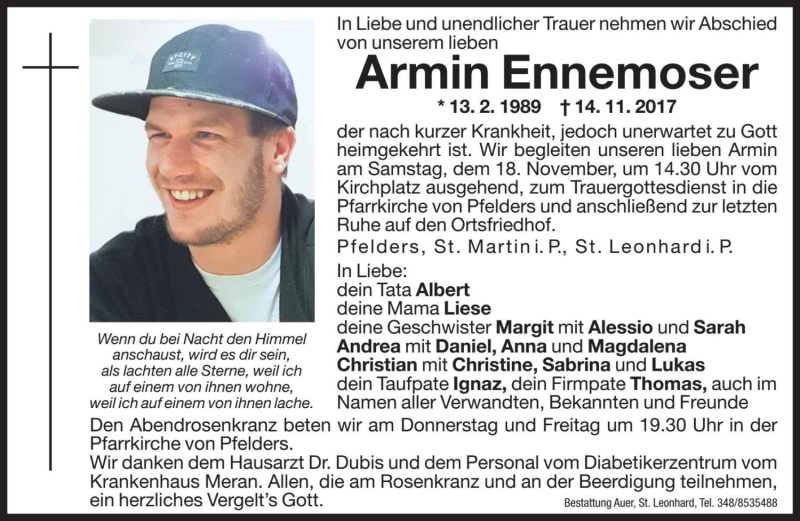  Traueranzeige für Armin Ennemoser vom 16.11.2017 aus Dolomiten