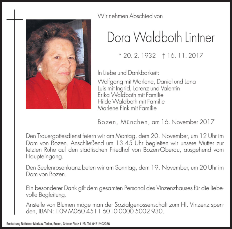  Traueranzeige für Dora Lintner vom 17.11.2017 aus Dolomiten
