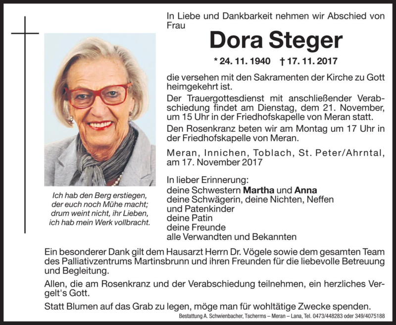  Traueranzeige für Dora Steger vom 18.11.2017 aus Dolomiten