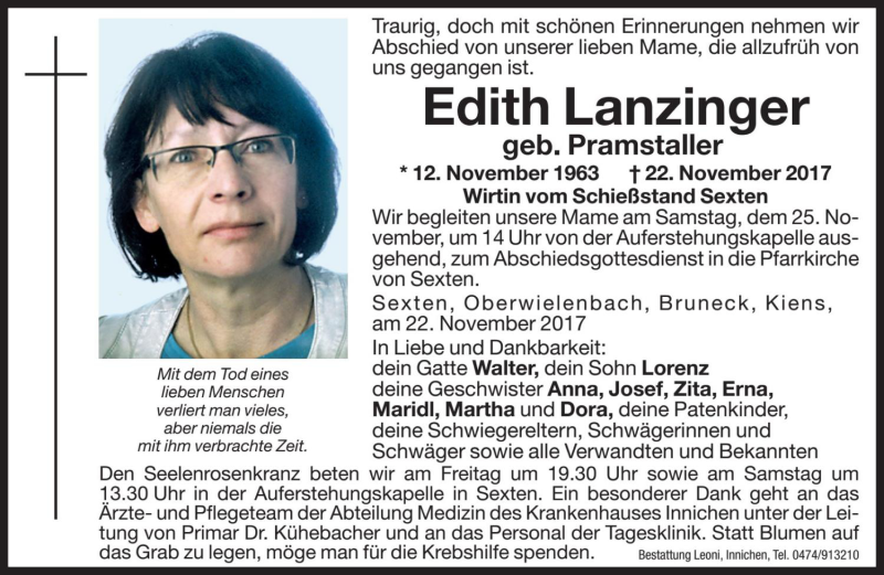  Traueranzeige für Edith Lanzinger vom 24.11.2017 aus Dolomiten