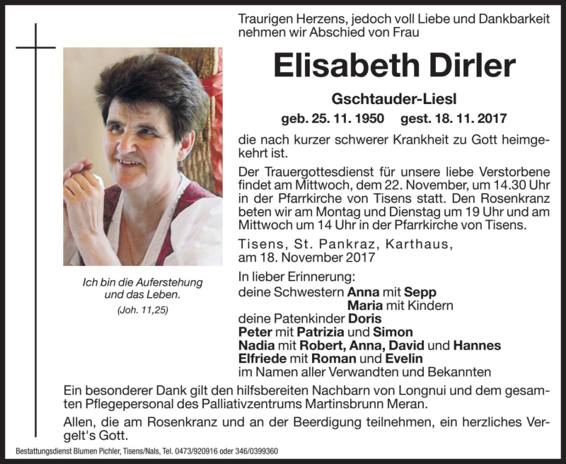  Traueranzeige für Elisabeth Dirler vom 20.11.2017 aus Dolomiten