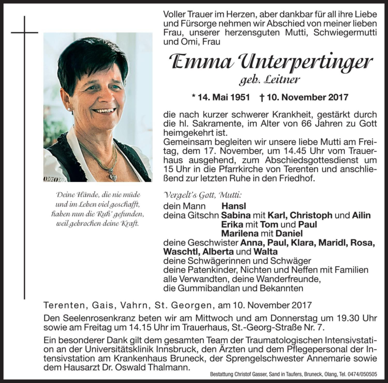  Traueranzeige für Emma Unterpertinger vom 15.11.2017 aus Dolomiten
