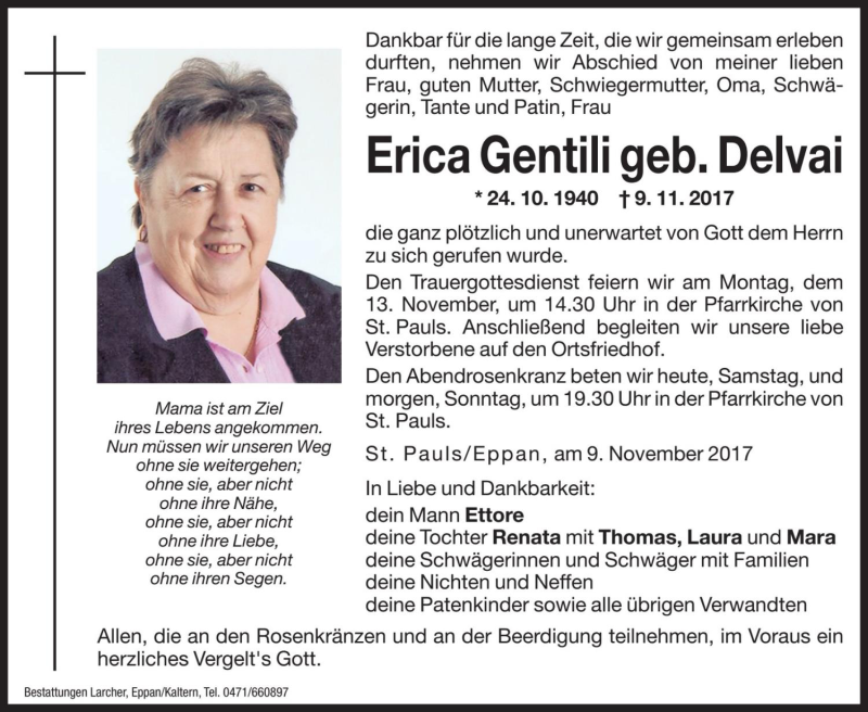  Traueranzeige für Erica Gentili vom 11.11.2017 aus Dolomiten
