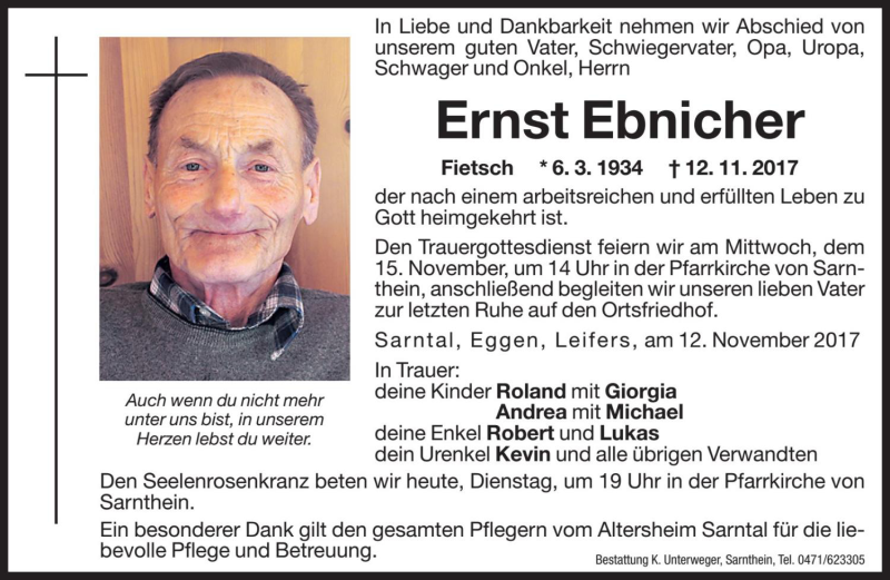  Traueranzeige für Ernst Ebnicher vom 14.11.2017 aus Dolomiten