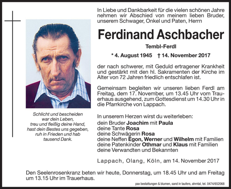  Traueranzeige für Ferdinand Aschbacher vom 16.11.2017 aus Dolomiten