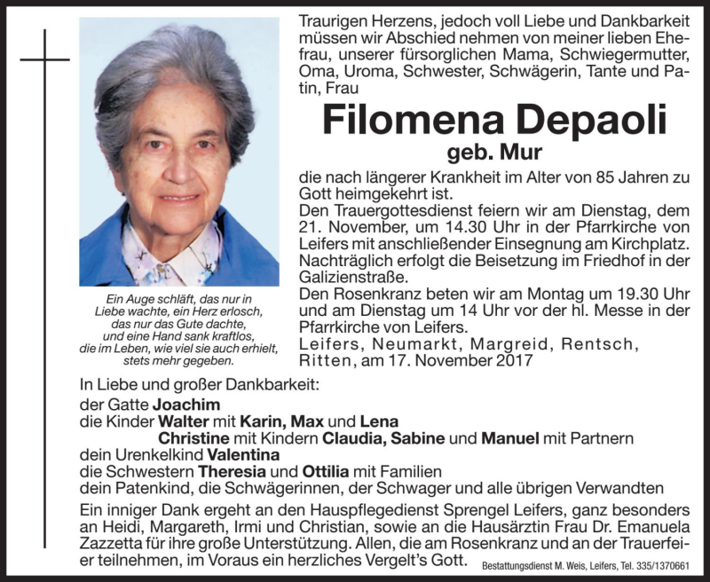 Traueranzeige für Filomena Depaoli vom 18.11.2017 aus Dolomiten