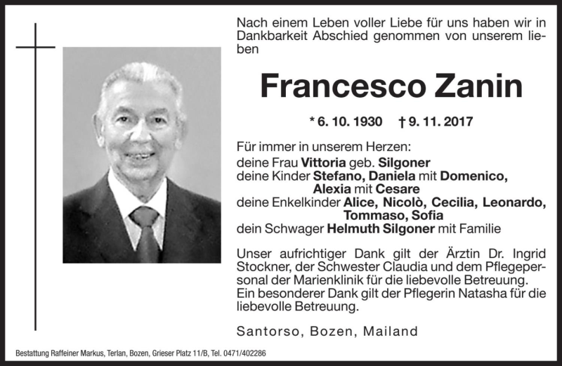  Traueranzeige für Francesco Zanin vom 14.11.2017 aus Dolomiten