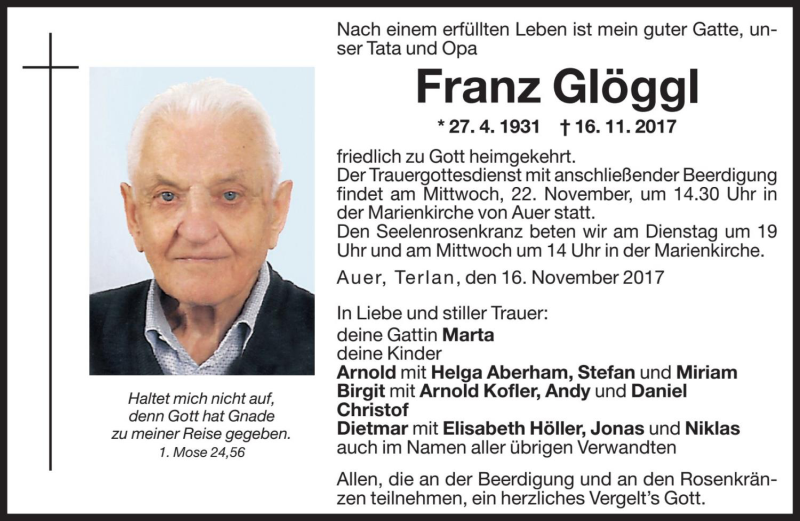  Traueranzeige für Franz Glöggl vom 18.11.2017 aus Dolomiten