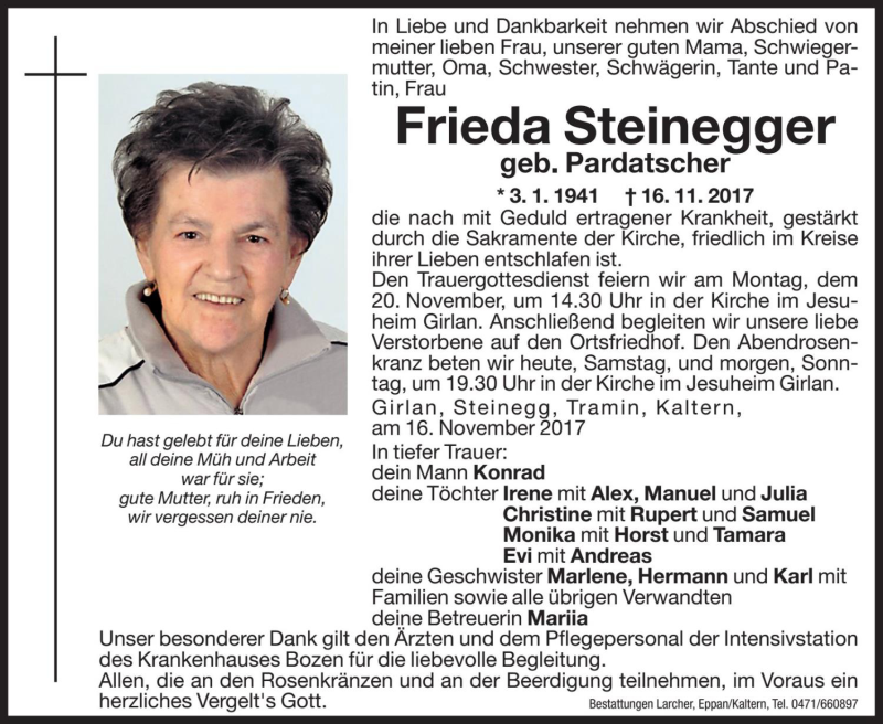  Traueranzeige für Frieda Steinegger vom 18.11.2017 aus Dolomiten