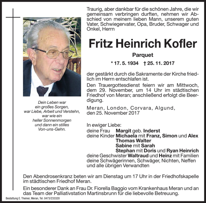  Traueranzeige für Fritz Heinrich Kofler vom 27.11.2017 aus Dolomiten