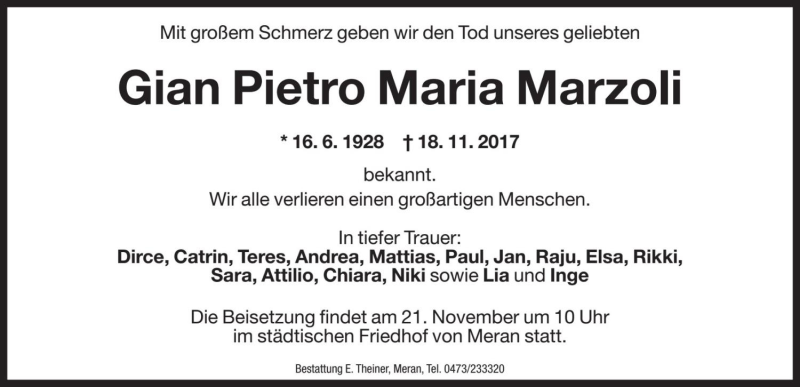  Traueranzeige für Gian Pietro Maria Marzoli vom 20.11.2017 aus Dolomiten