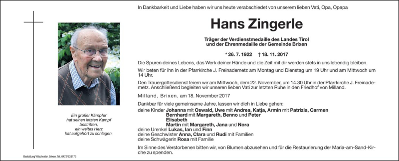  Traueranzeige für Hans Zingerle vom 20.11.2017 aus Dolomiten