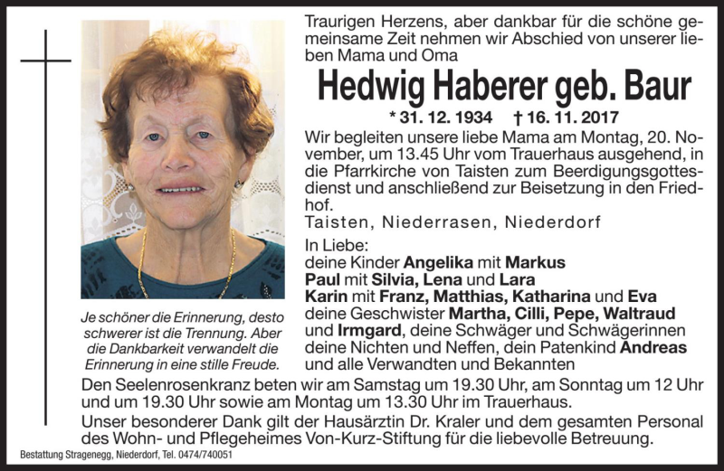 Traueranzeige für Hedwig Haberer vom 18.11.2017 aus Dolomiten
