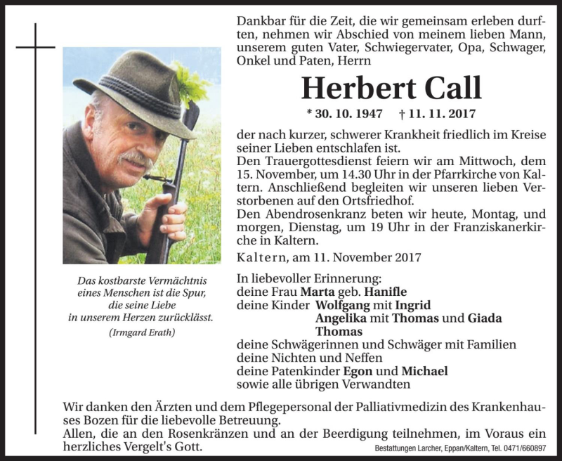  Traueranzeige für Herbert Call vom 13.11.2017 aus Dolomiten