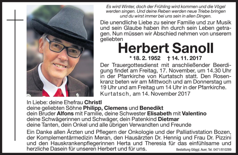  Traueranzeige für Herbert Sanoll vom 15.11.2017 aus Dolomiten