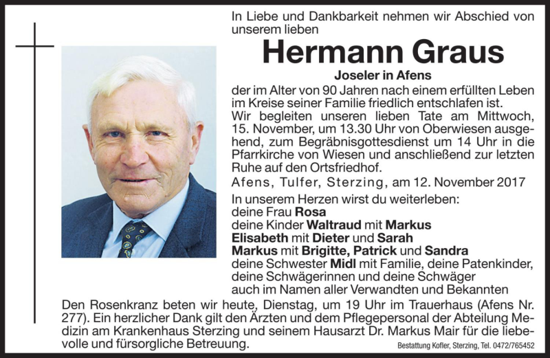  Traueranzeige für Hermann Graus vom 14.11.2017 aus Dolomiten