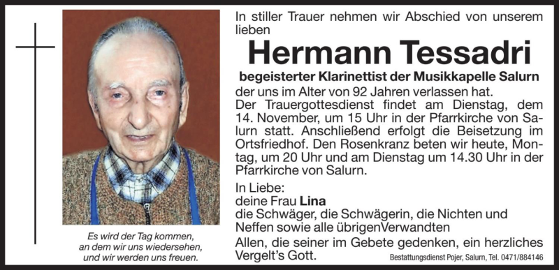  Traueranzeige für Hermann Tessadri vom 13.11.2017 aus Dolomiten