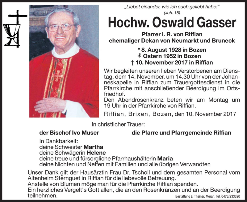  Traueranzeige für Oswald Gasser vom 13.11.2017 aus Dolomiten