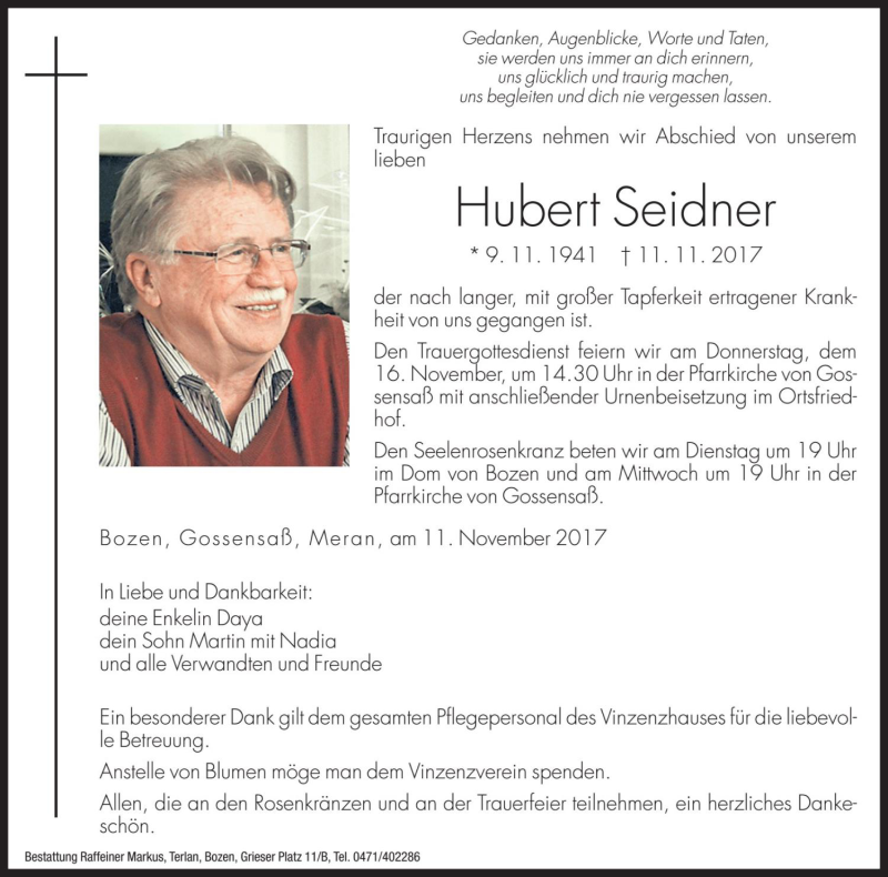  Traueranzeige für Hubert Seidner vom 13.11.2017 aus Dolomiten