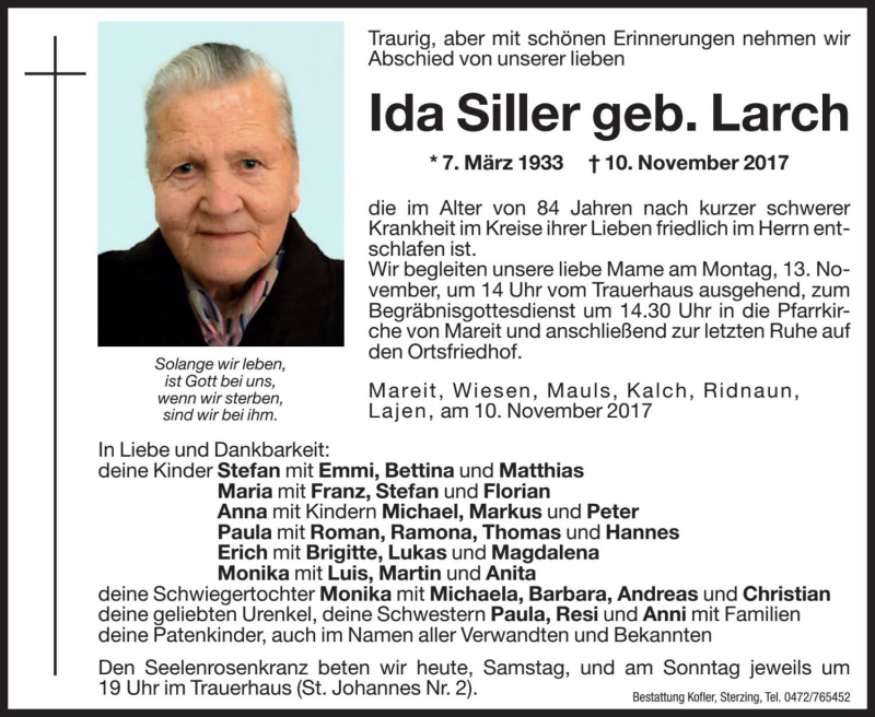  Traueranzeige für Ida Siller vom 11.11.2017 aus Dolomiten