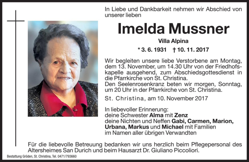  Traueranzeige für Imelda Mussner vom 11.11.2017 aus Dolomiten