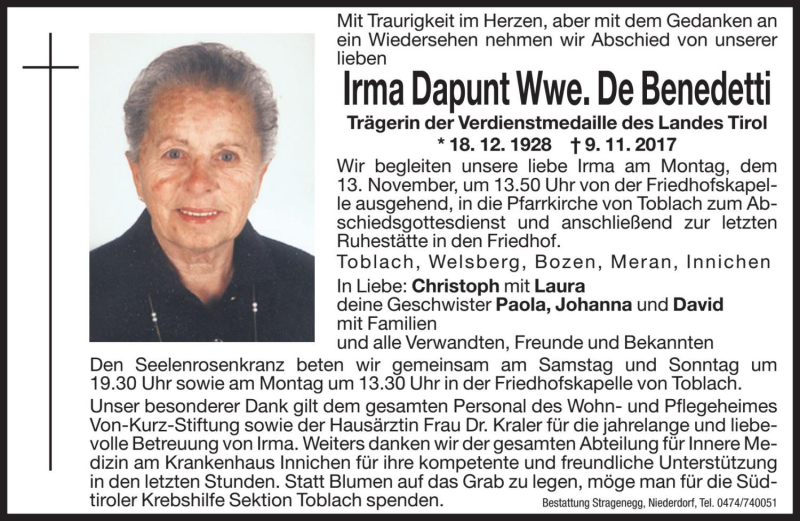  Traueranzeige für Irma De Benedetti vom 11.11.2017 aus Dolomiten