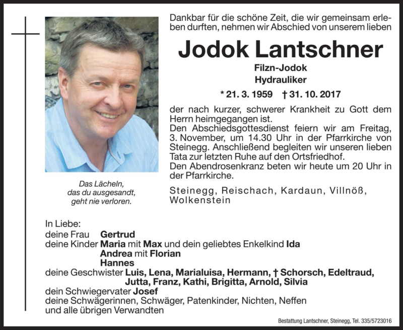  Traueranzeige für Jodok Lantschner vom 02.11.2017 aus Dolomiten