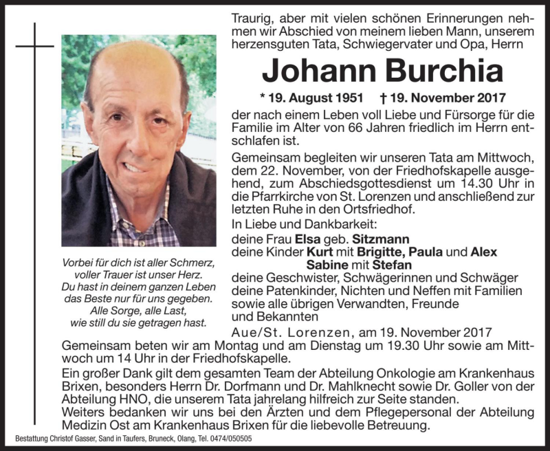  Traueranzeige für Johann Burchia vom 20.11.2017 aus Dolomiten