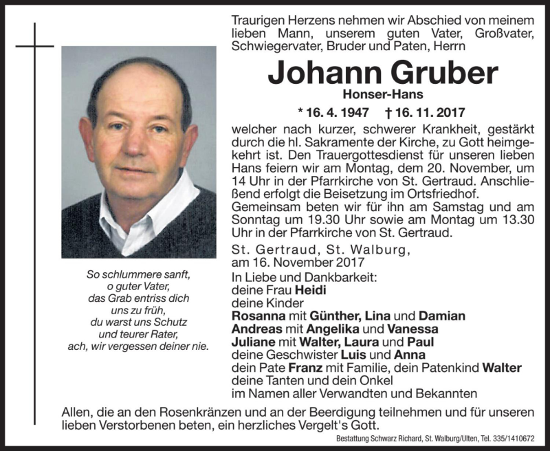  Traueranzeige für Johann Gruber vom 18.11.2017 aus Dolomiten