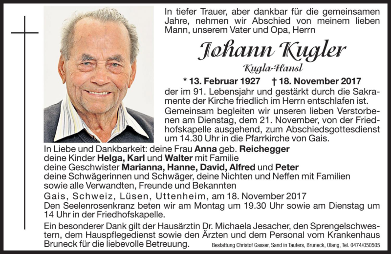  Traueranzeige für Johann Kugler vom 20.11.2017 aus Dolomiten