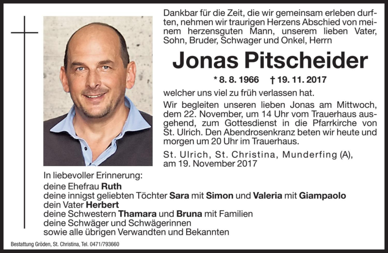  Traueranzeige für Jonas Pitscheider vom 20.11.2017 aus Dolomiten