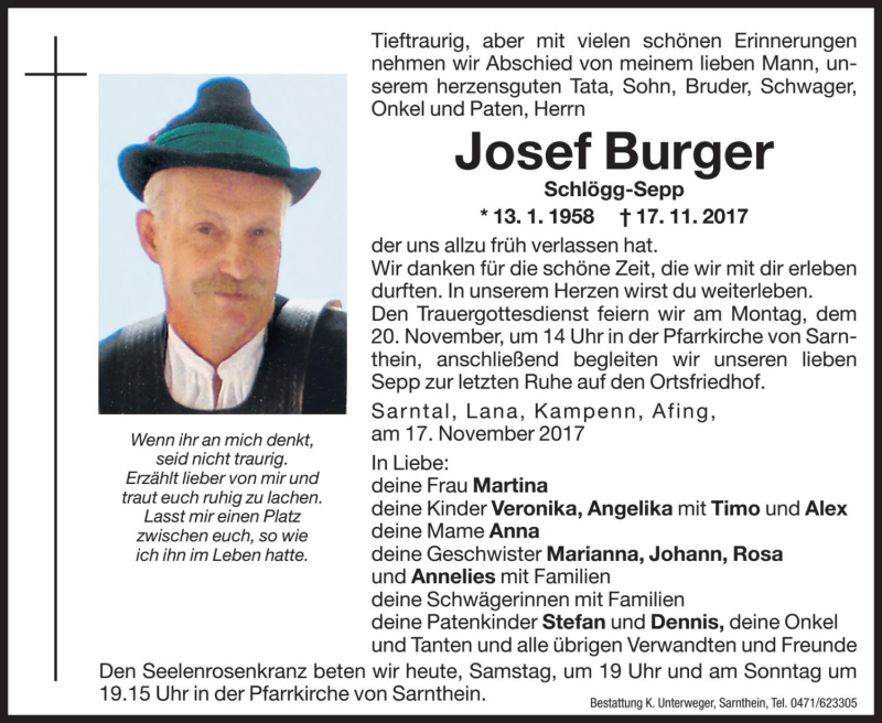  Traueranzeige für Josef Burger vom 18.11.2017 aus Dolomiten
