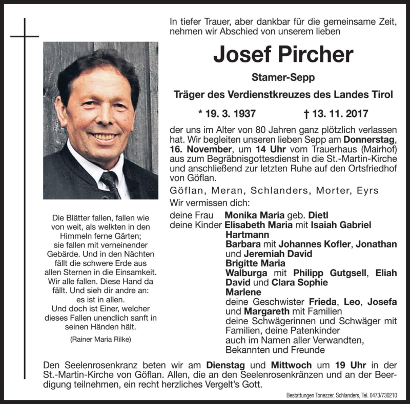  Traueranzeige für Josef Pircher vom 14.11.2017 aus Dolomiten