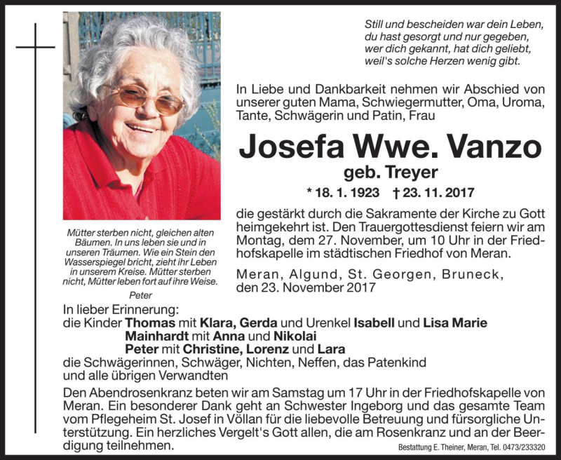  Traueranzeige für Josefa Vanzo vom 25.11.2017 aus Dolomiten
