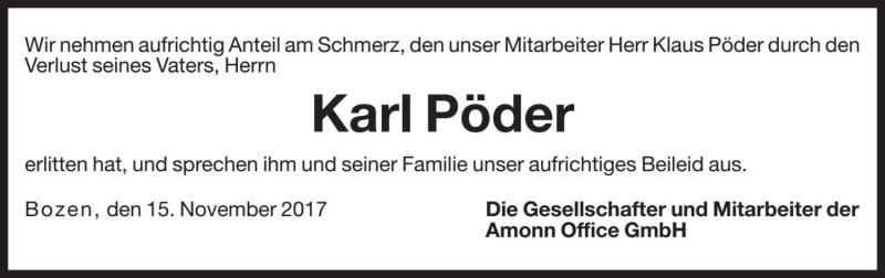  Traueranzeige für Karl Pöder vom 16.11.2017 aus Dolomiten