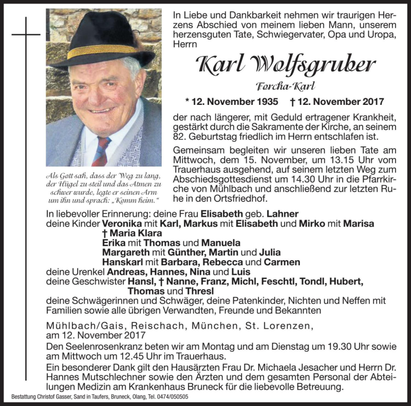  Traueranzeige für Karl Wolfsgruber vom 13.11.2017 aus Dolomiten