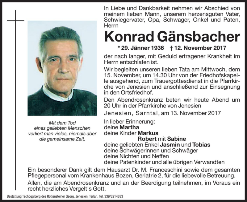  Traueranzeige für Konrad Gänsbacher vom 14.11.2017 aus Dolomiten